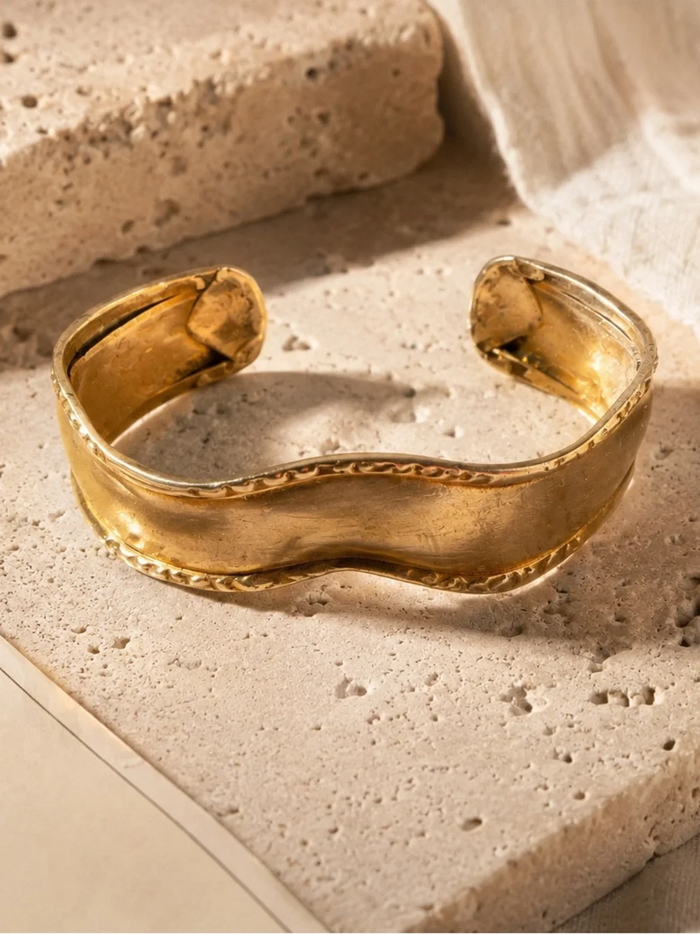 Wavy Gold Tone Cuff Bracelet Sculptural Artisan Unsigned
